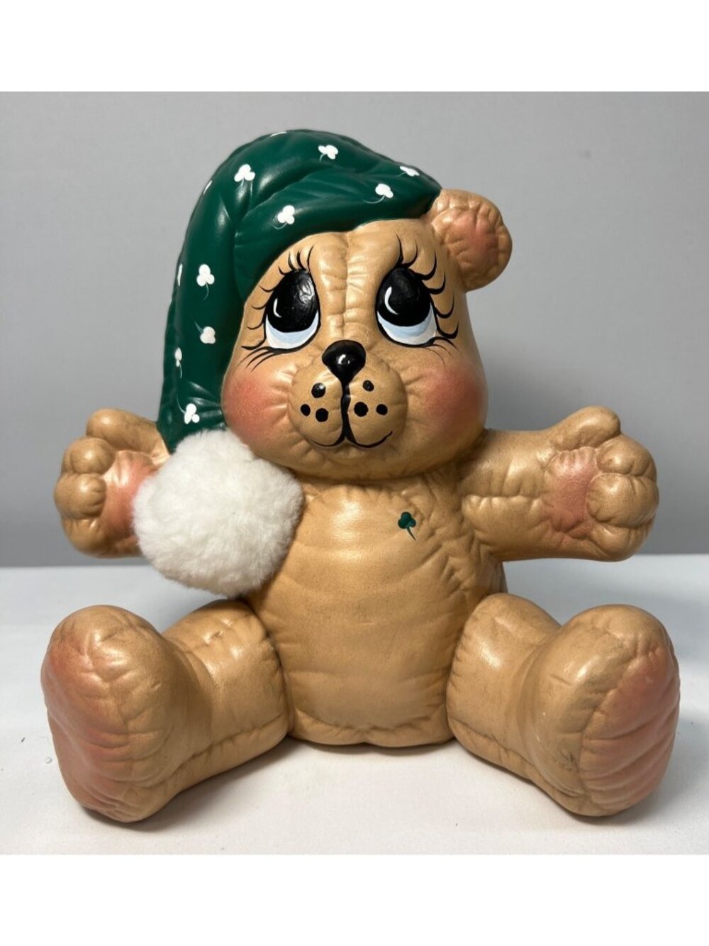 Vintage Teddy Bear Piggy Bank With Green Hat & Shamrock Accents